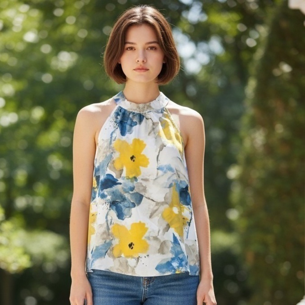 Floral Halter Neck Blouse Watercolor Blue Yellow Sleeveless Top Small
